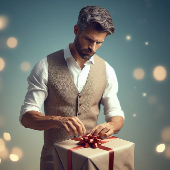 Mann verpackt Geschenk